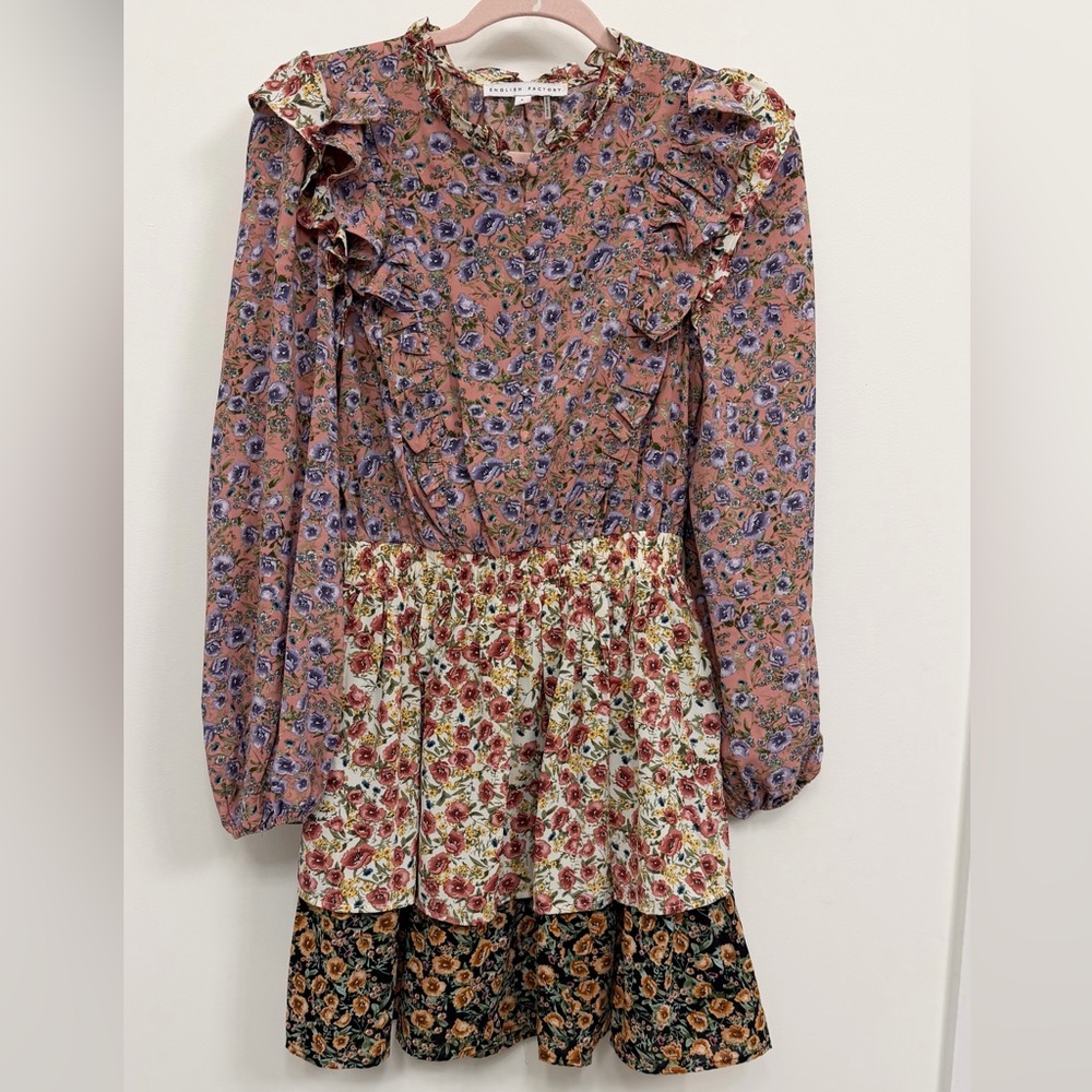 English Factory Floral Ruffle Long-Sleeve Dress